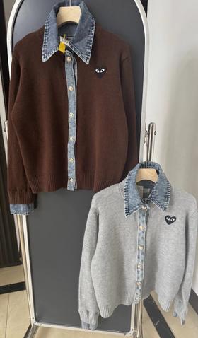 F031215针织拼接牛仔衬衫翻领假两件开衫短款外套