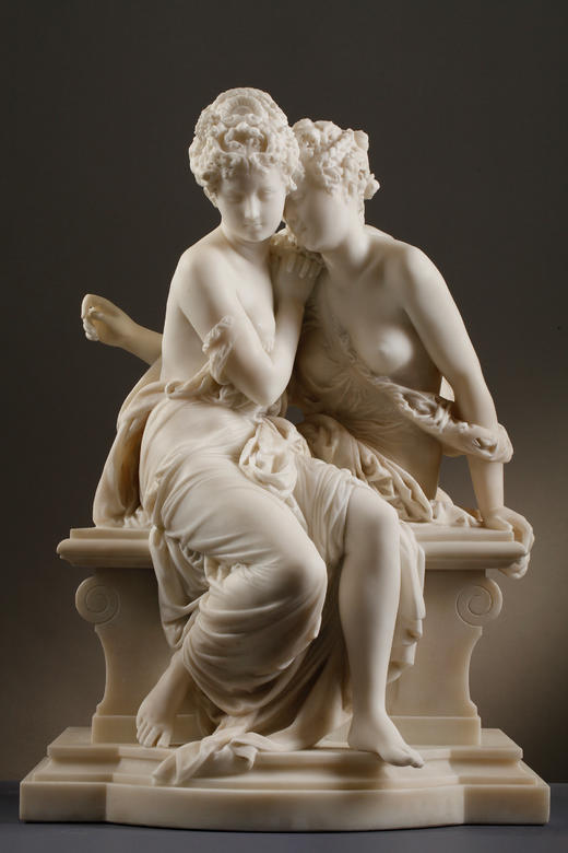 独角鹿西洋古董1860年代法国著名雕塑家Carrier-Belleuse签名创作人物主题大理石群雕作品《秘密》 商品图0