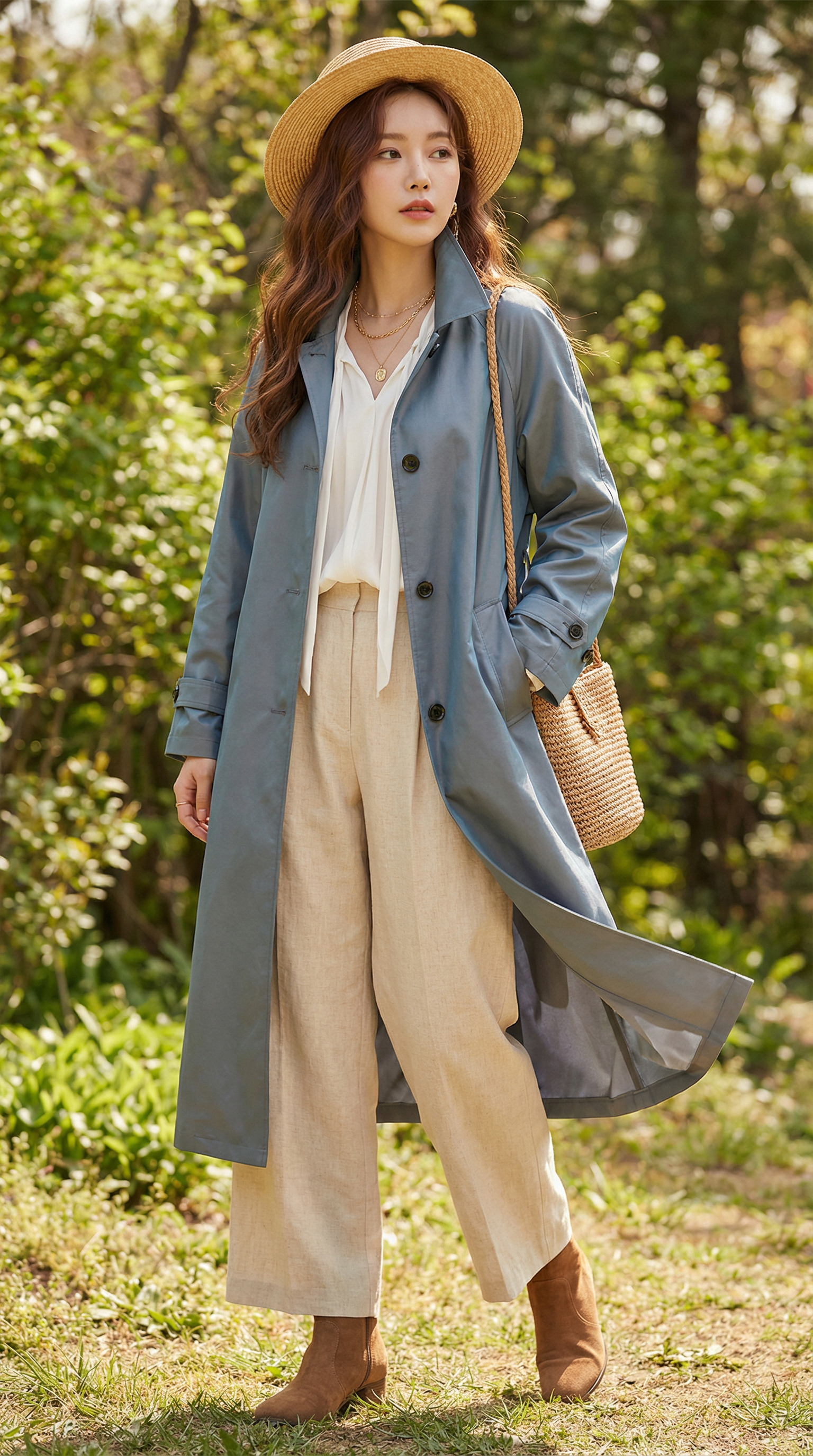 插肩袖H型系带翻领百搭风衣