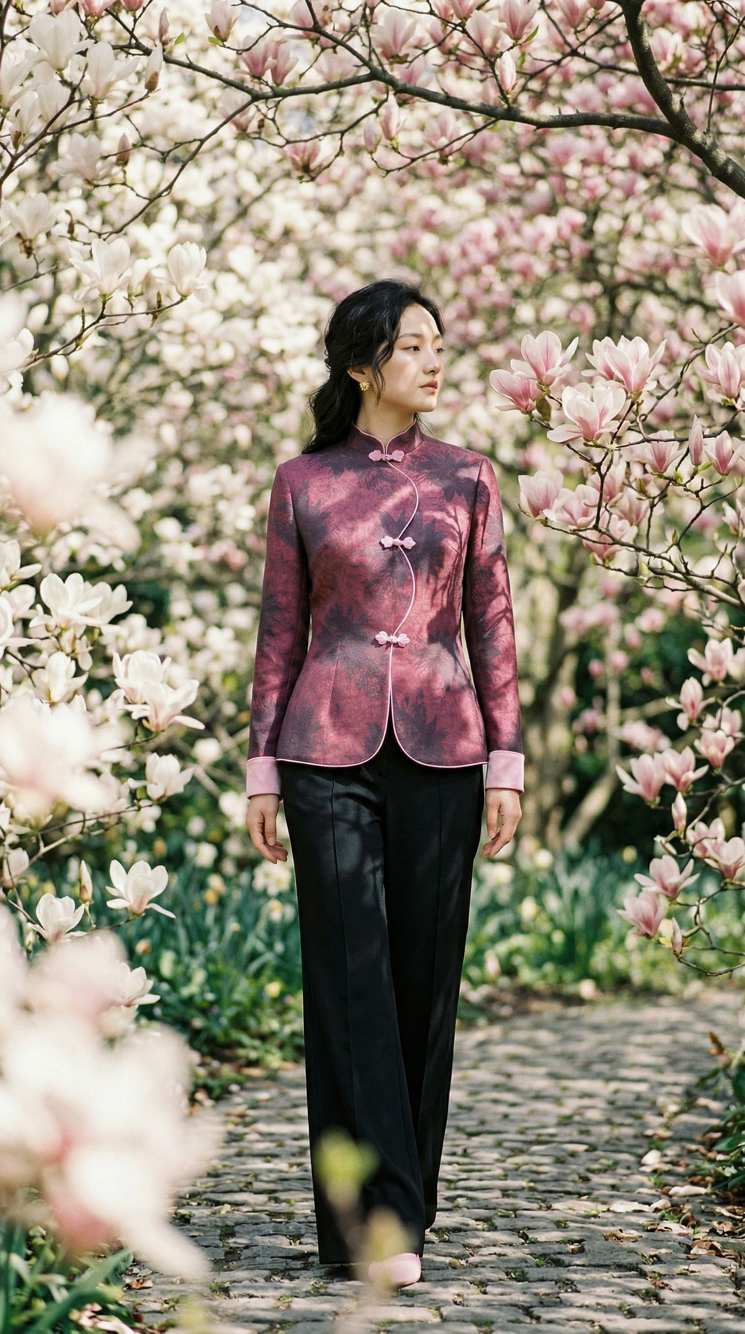 立领轻国风弧形门襟摆花扣外套