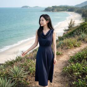 法式轻奢优雅荡领飘带收腰连衣裙