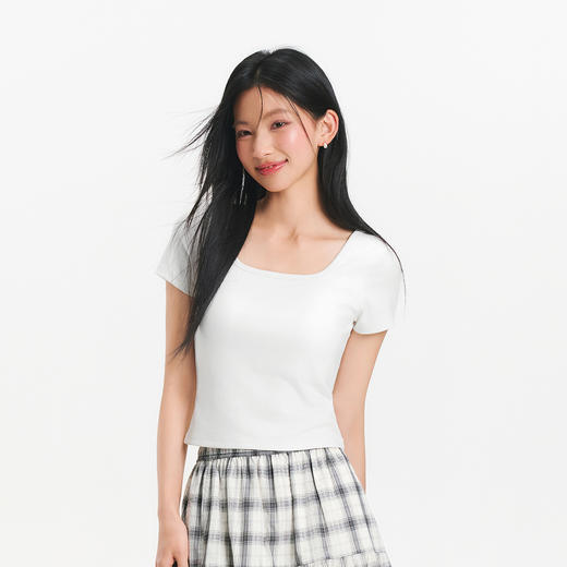 凉感T|森马短袖T恤女夏短款方领带胸垫紧身正肩显瘦百搭气质上衣 商品图2