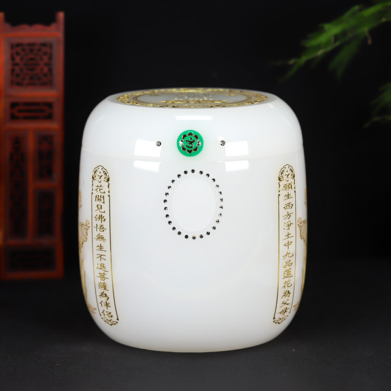 白玉瓷琉璃骨灰坛阿弥陀佛万字骨灰桶骨灰盒20*20cm