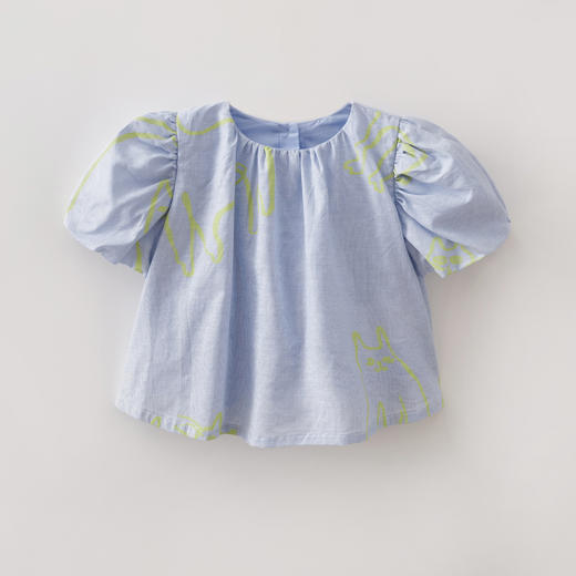 马克珍妮猫咪涂鸦女童花苞袖亚麻小衫2026年夏装新款561023 商品图1