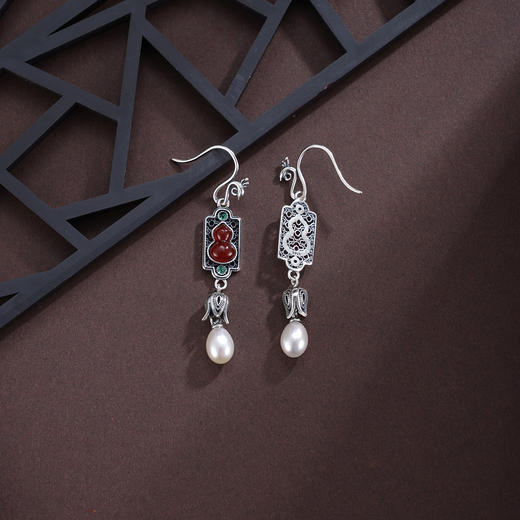 子佩集【福禄欢喜】S925银耳环【ES01253】仿古花丝葫芦珍珠玛瑙2509 商品图4