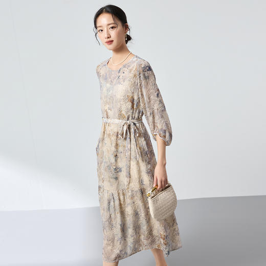 桑蚕丝新中式晕染提花真丝连衣裙，圆领轻奢贵气裙子SM-1682501803 商品图2