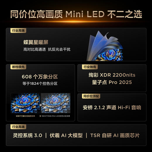 TCL电视 65T7L Pro 65英寸 QD-Mini LED 蝶翼星曜屏 万象分区 绚彩XDR 2200nits 超薄电视 商品图1