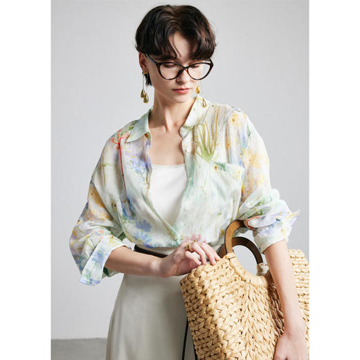 100%苎麻衬衫女2026春夏新款高级长袖减龄洋气印花翻领防晒麻衬衣 商品图4