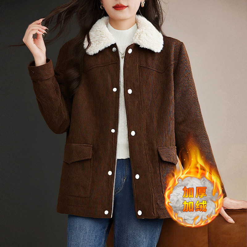 灯芯绒外套女冬季保暖加厚加绒羊羔绒翻领上衣宽松大码女装胖mm
