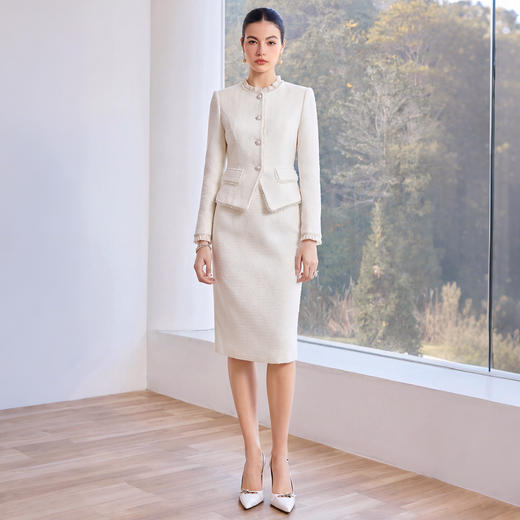 IWY/白色小香风西装套装女春季钉珠花边圆领职业裙装轻奢高级感25CS812 商品图0