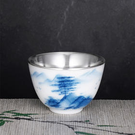 子佩集S990【远山青黛】摆件【FP019】纯银茶具青花山树茶杯纯银内胆景德镇手绘2508