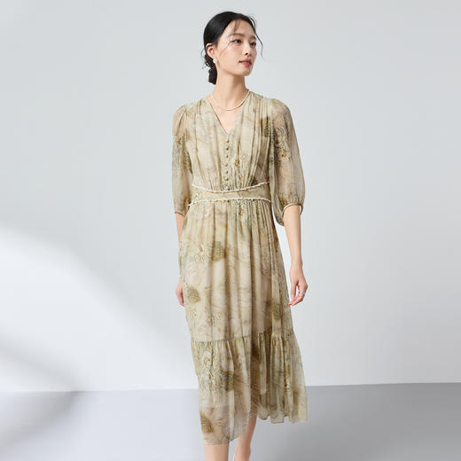 100%桑蚕丝新中式乔其纱，真丝印花连衣裙显瘦轻奢优雅SM-1682501183 商品图2