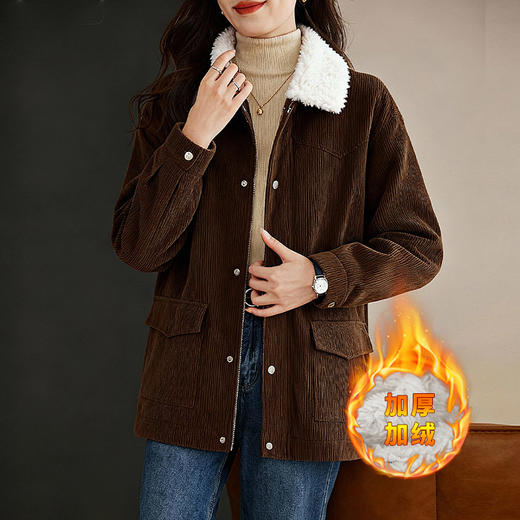 灯芯绒外套女冬季保暖加厚加绒羊羔绒翻领上衣宽松大码女装胖mm 商品图2