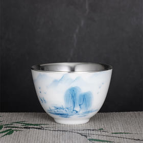 子佩集S990【晓风杨柳】摆件【FP020】纯银茶具青花柳树茶杯纯银内胆景德镇手绘2508