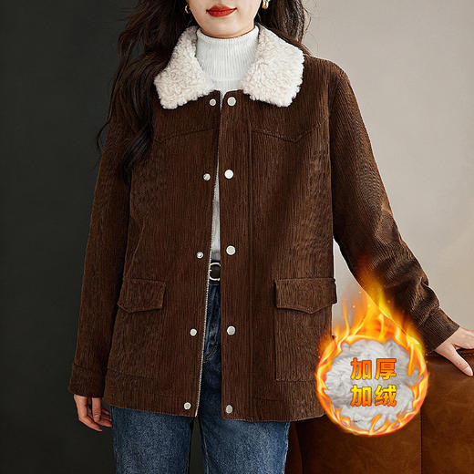 灯芯绒外套女冬季保暖加厚加绒羊羔绒翻领上衣宽松大码女装胖mm 商品图1