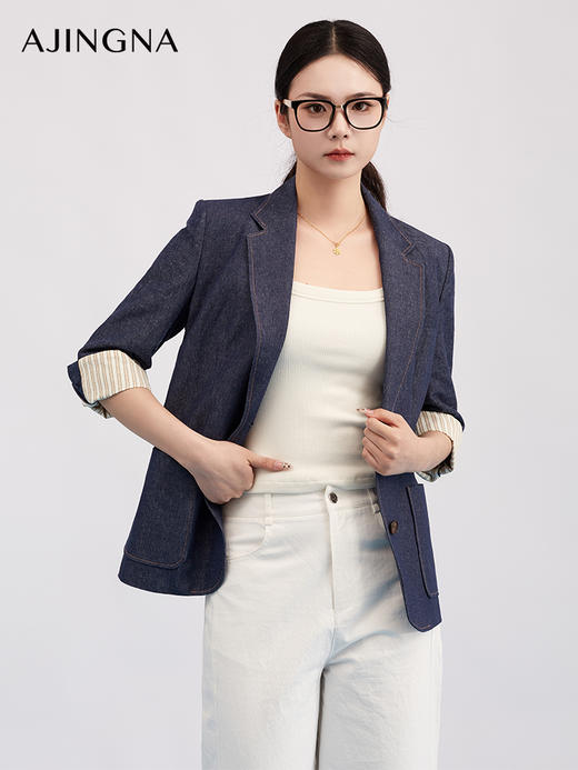 【商场同款】阿菁娜春季新款设计感西装中袖撞色翻边打破常规仿牛仔质感复古休闲A31C108051 商品图0