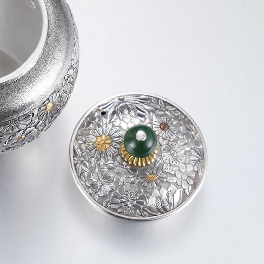 子佩集【花开福来】S999银摆件【ZJ037】茶具格桑花嵌金小茶壶2509 商品图4