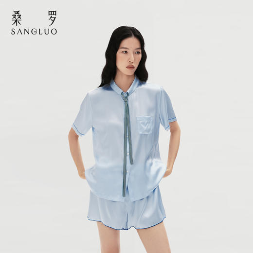 学院风』桑蚕丝家居服领带短袖套装女休闲宽松外穿 商品图4