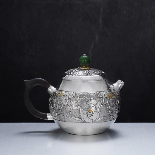 子佩集【花开福盈】S999银摆件【ZJ036】茶具牡丹花嵌金小茶壶2509 商品图5