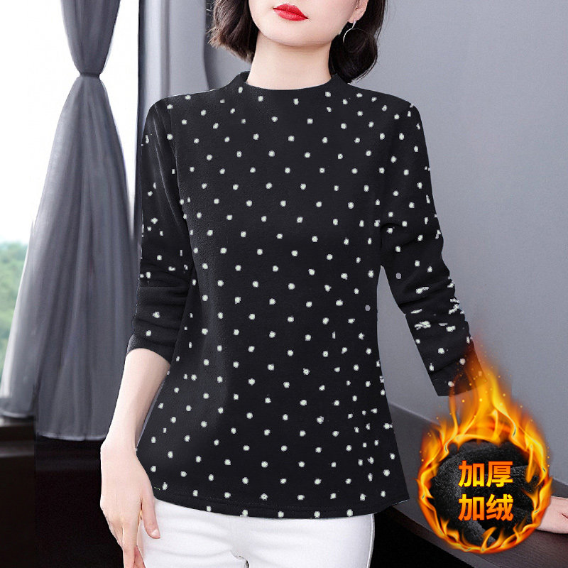 黑色半高领打底衫女秋冬季2025新款大码波点上衣妈妈女士长袖t恤