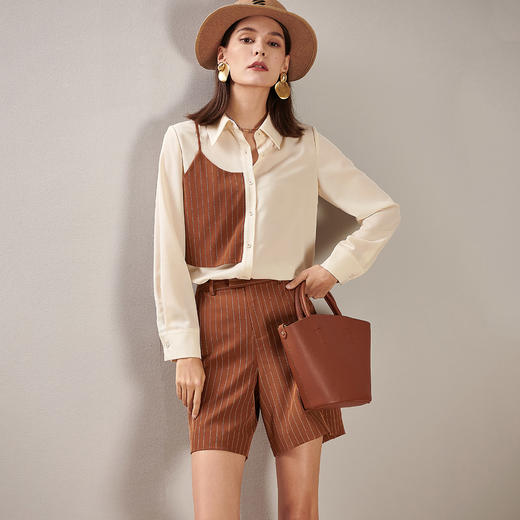 剩XL 芳外春季新款时尚套装拼接长袖衬衫条纹直筒短裤两件套女0194 商品图1