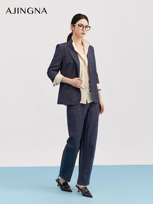 【商场同款】阿菁娜春季新款设计感西装中袖撞色翻边打破常规仿牛仔质感复古休闲A31C108051 商品图2