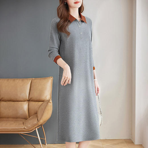 撞色翻领长袖连衣裙女春季新款休闲运动T恤大码宽松显瘦直筒裙子 商品图3