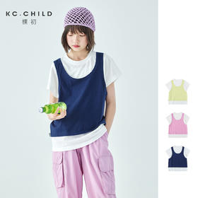 棵初26年夏季新款亲子中大女童假两件拼色T恤雪花棉亲肤宽松短袖