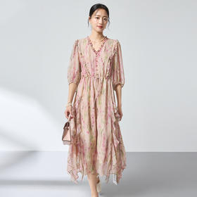 100%桑蚕丝仙气真丝碎花连衣裙，荷叶边气质茶歇裙SM-1682501279
