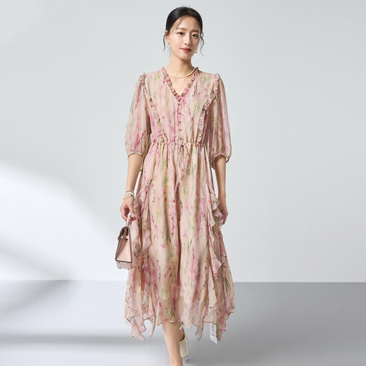 100%桑蚕丝仙气真丝碎花连衣裙，荷叶边气质茶歇裙SM-1682501279 商品图0