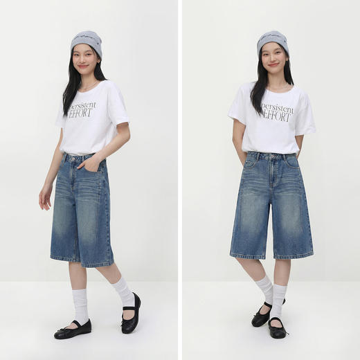 森马牛仔裤女夏季分割宽松直筒裤时尚街头复古休闲风酷飒风六分裤 商品图4