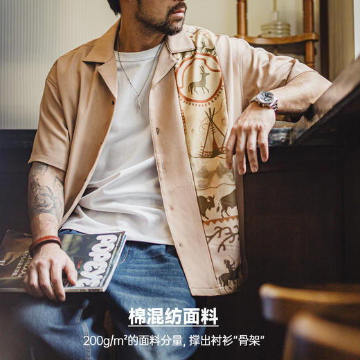 马登工装美式复古印花古巴领衬衫印第安薄款短袖棉衬衣外套男士夏 商品图3