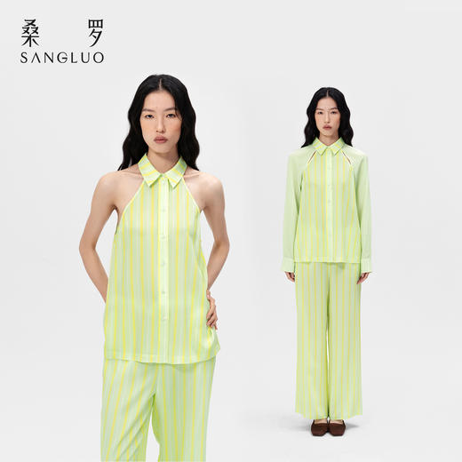 清醒柠檬』桑罗度假条纹衬衫桑蚕丝可拆卸袖上衣长裤可选 商品图4