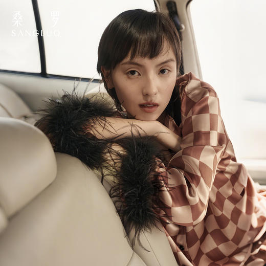 英伦复古』桑罗睡衣摩卡格纹羽毛舒适可外穿桑蚕丝家居服 商品图5