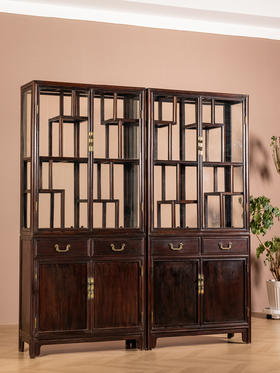 民国	红木玻璃活扇博古架（一对）