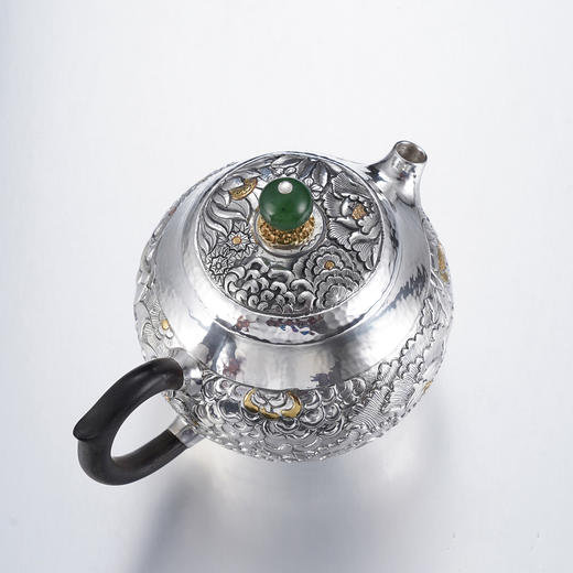 子佩集【花开福盈】S999银摆件【ZJ036】茶具牡丹花嵌金小茶壶2509 商品图8