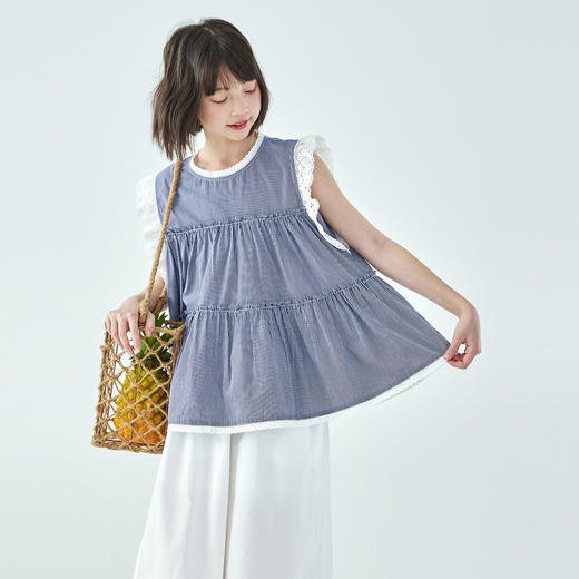 棵初2026年夏季新款亲子中大女童格纹花边无袖小衫轻薄甜美风上衣 商品图4