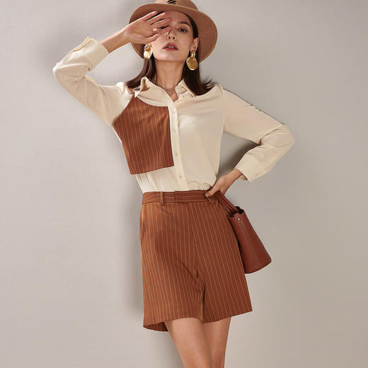 剩XL 芳外春季新款时尚套装拼接长袖衬衫条纹直筒短裤两件套女0194 商品图3