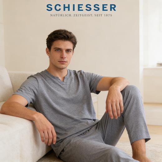 【竹纤维提花平纹系列】SCHIESSER德国舒雅男士竹纤维提花平纹家居外穿短袖长裤套装39/26840H 商品图1