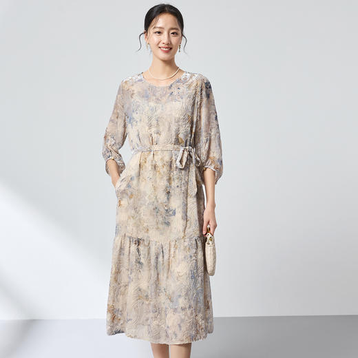 桑蚕丝新中式晕染提花真丝连衣裙，圆领轻奢贵气裙子SM-1682501803 商品图1