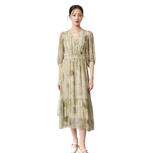 100%桑蚕丝新中式乔其纱，真丝印花连衣裙显瘦轻奢优雅SM-1682501183 商品图4