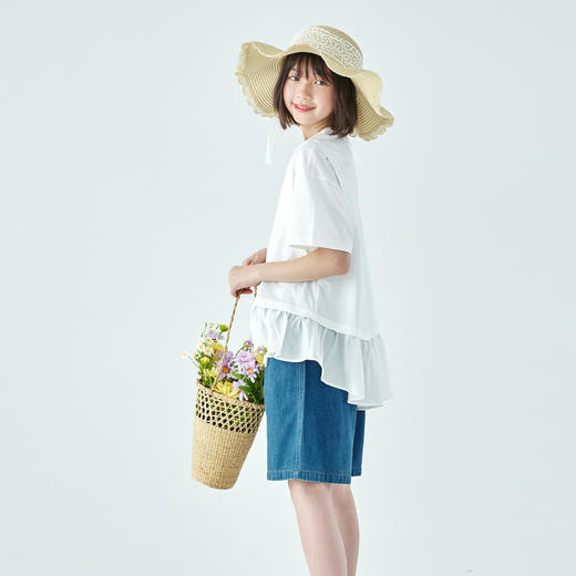 棵初2026年夏季新款中大女童拼接造型白色T恤凉感7A抗菌防晒短袖 商品图2