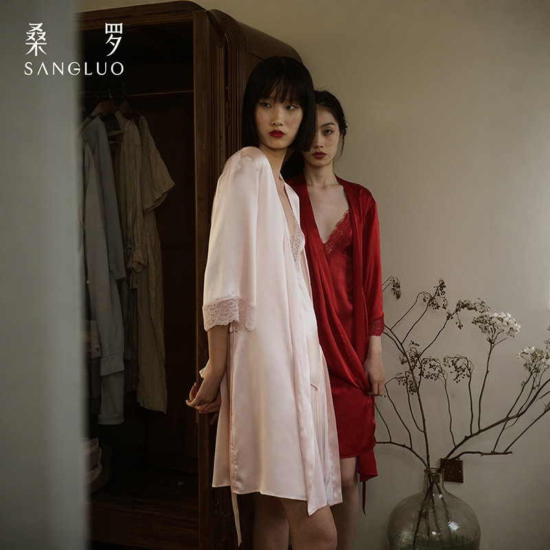 SANGLUO性感蕾丝吊带睡袍裙两件套桑蚕丝套装家居服睡衣女