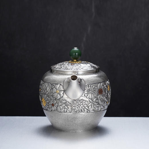 子佩集【花开福来】S999银摆件【ZJ037】茶具格桑花嵌金小茶壶2509 商品图6