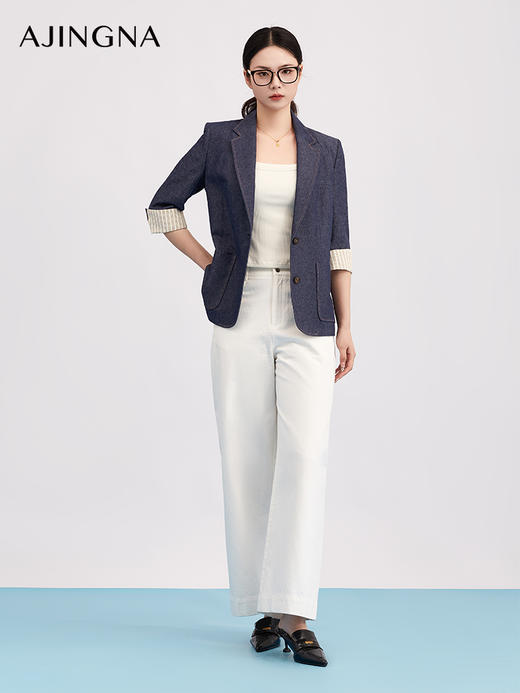 【商场同款】阿菁娜春季新款设计感西装中袖撞色翻边打破常规仿牛仔质感复古休闲A31C108051 商品图1