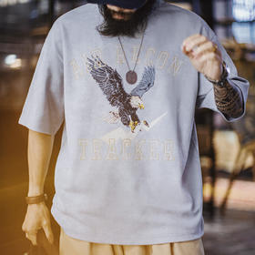 马登工装美式复古印花做旧仿蜡染圆领蓝色落肩针织短袖T恤男士夏