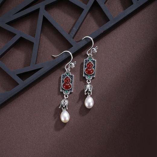 子佩集【福禄欢喜】S925银耳环【ES01253】仿古花丝葫芦珍珠玛瑙2509 商品图3