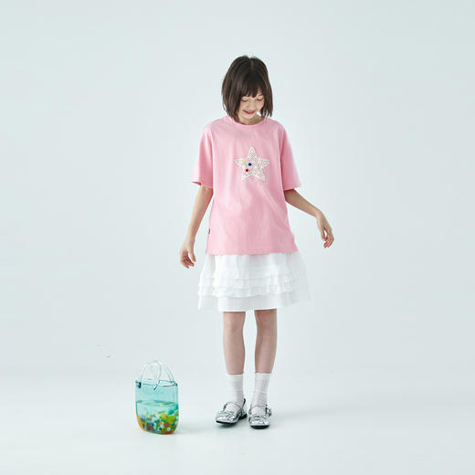 棵初26年夏新款亲子中大女童胸前镂空幸运星短袖轻薄针织宽松T恤 商品图1