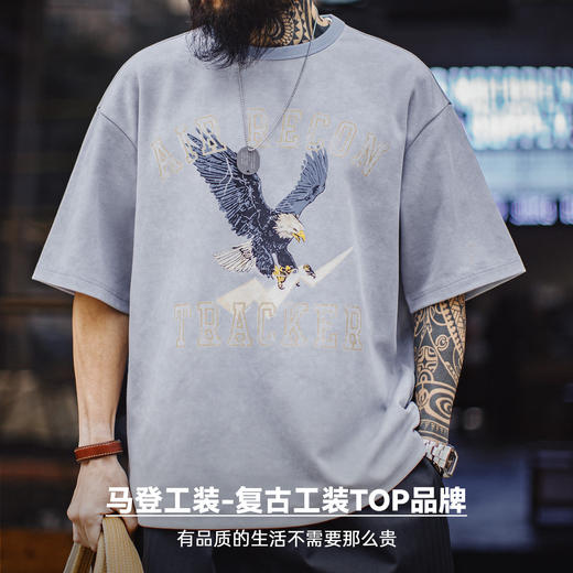 马登工装美式复古印花做旧仿蜡染圆领蓝色落肩针织短袖T恤男士夏 商品图4