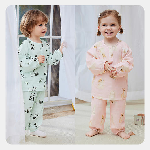 【植物芯】男童女童竹棉双层纱布柔软透气抑菌手绘萌趣家居套装 商品图2